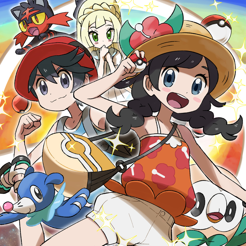 2girls bag bangs black_eyes black_hair blonde_hair blue_eyes blush_stickers braid flower gen_7_pokemon green_eyes hat highres holding holding_poke_ball kingin lillie_(pokemon) litten long_hair mizuki_(pokemon) multiple_girls poke_ball poke_ball_(generic) pokemon pokemon_(creature) pokemon_(game) pokemon_sm pokemon_usum ponytail popplio rowlet school_uniform serafuku shorts skirt sparkle sun_hat swept_bangs tank_top twin_braids you_(pokemon)