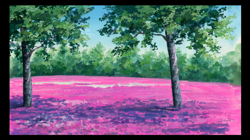 border commentary day field flower flower_field highres hirota_(masasiv3) nature no_humans outdoors scenery sky traditional_media tree watercolor_(medium) windowboxed