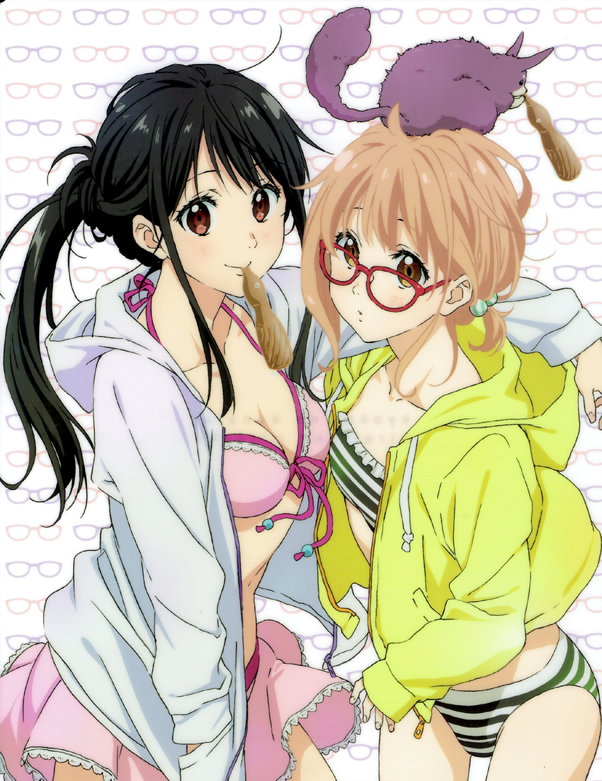 absurdres animal animal_on_head bangs bikini bikini_skirt black_hair bleed_through breasts brown_eyes brown_hair cleavage cowboy_shot flat_chest frilled_bikini frills front-tie_bikini front-tie_top glasses grey_jacket hair_bobbles hair_ornament highres jacket kuriyama_mirai kyoukai_no_kanata long_hair looking_at_viewer medium_breasts mouth_hold multiple_girls nase_mitsuki on_head open_clothes open_jacket pink_bikini ponytail red-framed_eyewear scan scan_artifacts short_hair smile striped striped_bikini swimsuit yakiimo_(kyoukai_no_kanata) yellow_jacket