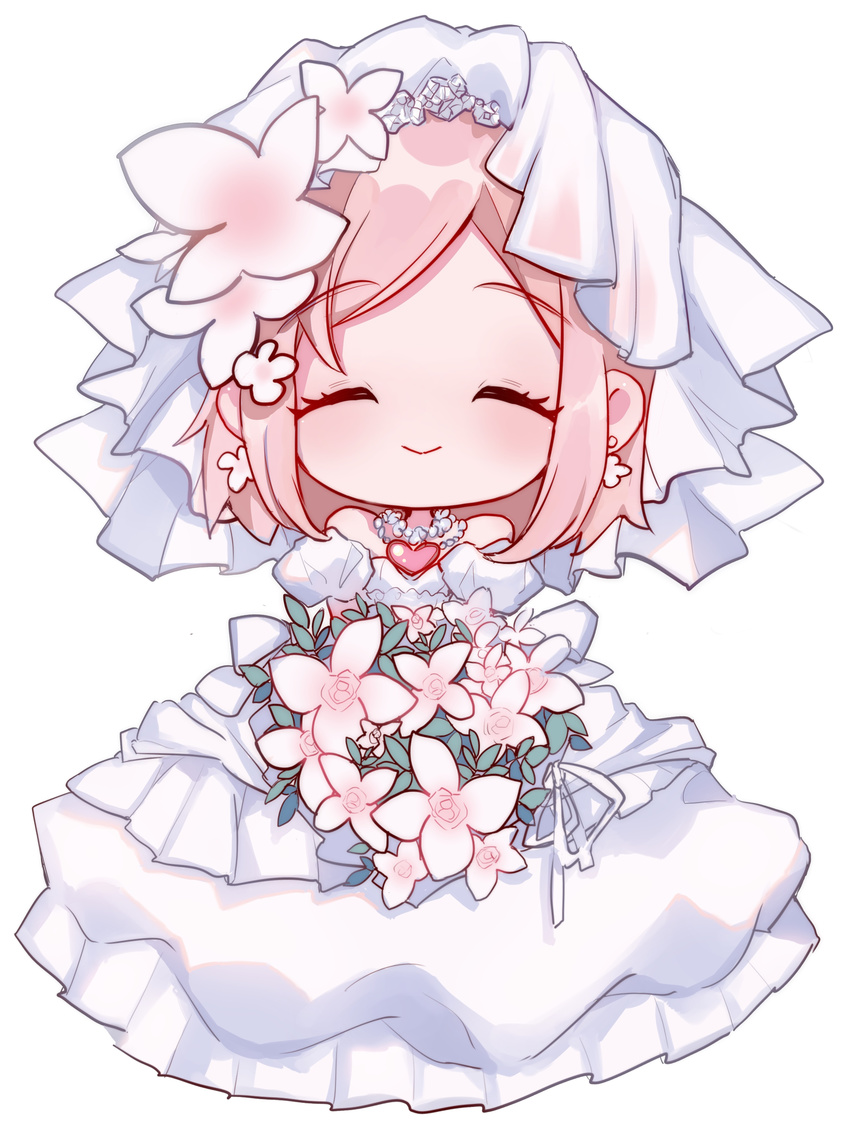 absurdres akari_(qq941315189) bouquet bride chibi closed_eyes closed_mouth dress earrings estellise_sidos_heurassein facing_viewer flower highres holding holding_bouquet jewelry necklace pink_hair short_hair smile solo tales_of_(series) tales_of_vesperia veil wedding_dress white_background white_dress