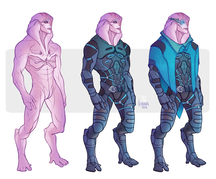 alien angara animal_genitalia armor blue_eyes cape clothed clothing fully_clothed genital_slit humanoid jaal_ama_darav lorna-ka male mass_effect not_furry nude pink_skin scar slit smile solo video_games