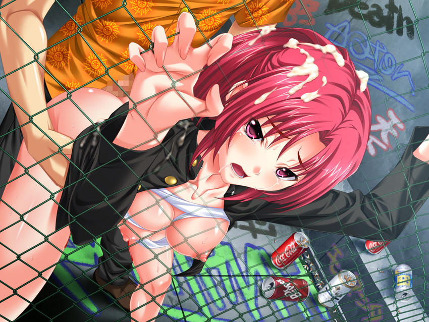 1girl against_fence bottomless breasts breasts_outside can censored coca-cola cum cum_on_hair dr_pepper dutch_angle fence gakuran graffiti hawaiian_shirt highres kiryuu_nagisa_(wanna_spartansex_spermax!!!) kubozuka_kouya kuraki_hiro mosaic_censoring nipples open_clothes open_mouth outdoors rape saliva sarashi school_uniform shirt solo_focus tears undone_sarashi virgin wanna_spartansex_spermax!!!