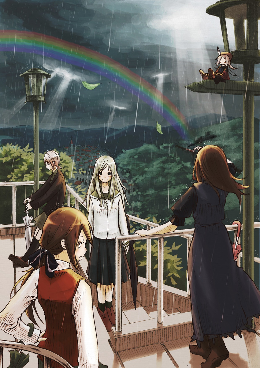 arietta_fine black_legwear black_umbrella blonde_hair blue_dress bow brown_eyes brown_hair closed_umbrella cloud cloudy_sky dress facing_away falsita_fawcett hair_bow hand_on_hip highres lamppost leaf light_rays liselsia_cesarini long_hair looking_at_viewer multiple_girls phorni_(symphonic_rain) railing rain rainbow sky smile socks stairs sunbeam sunlight symphonic_rain tortinita_fine umbrella white_berets white_umbrella