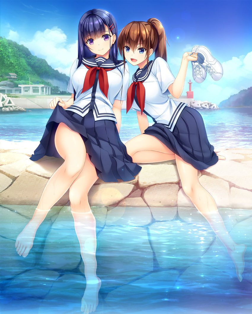 :d asami_asami bare_legs barefoot blue_eyes blue_hair brown_hair day fang hair_ornament hairclip high_ponytail highres holding holding_shoes jpeg_artifacts legs long_hair looking_at_viewer multiple_girls natural_vacation neckerchief open_mouth outdoors pleated_skirt purple_eyes school_uniform serafuku shoes shoes_removed short_sleeves sitting skirt skirt_lift smile soaking_feet water