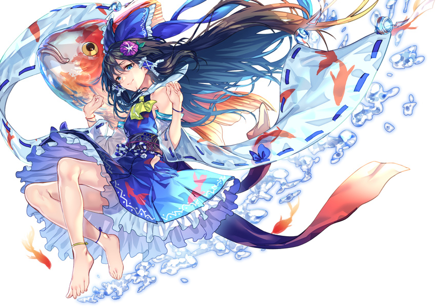 air_bubble alternate_color anklet ascot barefoot black_hair blue_bow blue_skirt blush bow bubble detached_sleeves fish floating_hair floral_print full_body goldfish hair_bow hair_ornament hair_tubes hakurei_reimu highres jewelry long_hair looking_at_viewer ribbon-trimmed_sleeves ribbon_trim sash skirt skirt_set smile solo touhou uu_uu_zan vest white_background white_sleeves