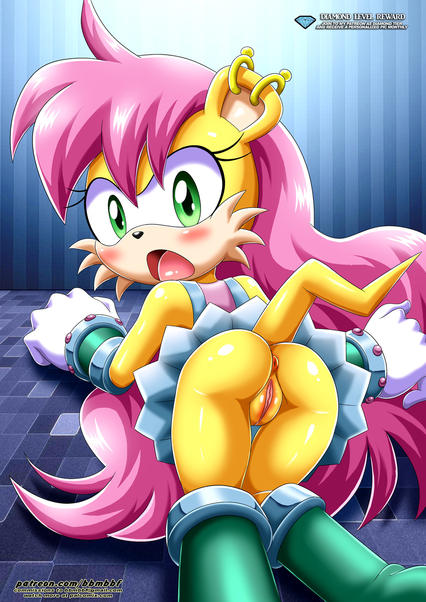 anthro anus avoid_posting bbmbbf blush butt clothing digital_media_(artwork) female fur green_eyes hair hi_res looking_at_viewer looking_back mammal mina_mongoose mongoose open_mouth presenting presenting_anus presenting_hindquarters presenting_pussy purple_hair pussy raised_tail solo sonic_(series) yellow_fur