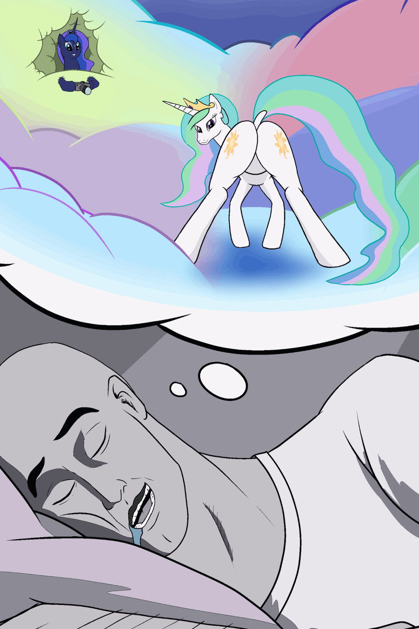 2017 animated blue_eyes butt camera clothed clothing cloud crown digital_media_(artwork) dream drooling equine eyes_closed female feral friendship_is_magic hair hi_res horn human long_hair looking_back male mammal my_little_pony pencils_(artist) pillow princess_celestia_(mlp) princess_luna_(mlp) purple_eyes saliva shirt sleeping smile smirk speech_bubble teeth tiara twerking unicorn