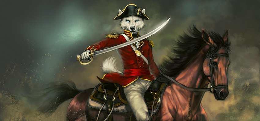 5_fingers anthro black_fur black_hair black_nose brown_fur canine day dog duo equine feral fur hair holding_object holding_weapon horse mammal melee_weapon outside sword tatchit weapon