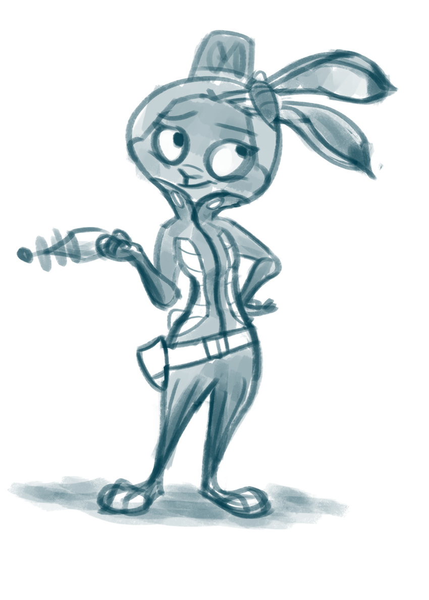 2017 anthro armor belt blue_and_white bluedouble clothed clothing cosplay dipstick_ears disney female hand_on_hip helmet holding_object holding_weapon holster judy_hopps lagomorph laser_gun mammal monochrome rabbit ranged_weapon simple_background smile solo space_patrol_luluco spacesuit standing weapon white_background zootopia