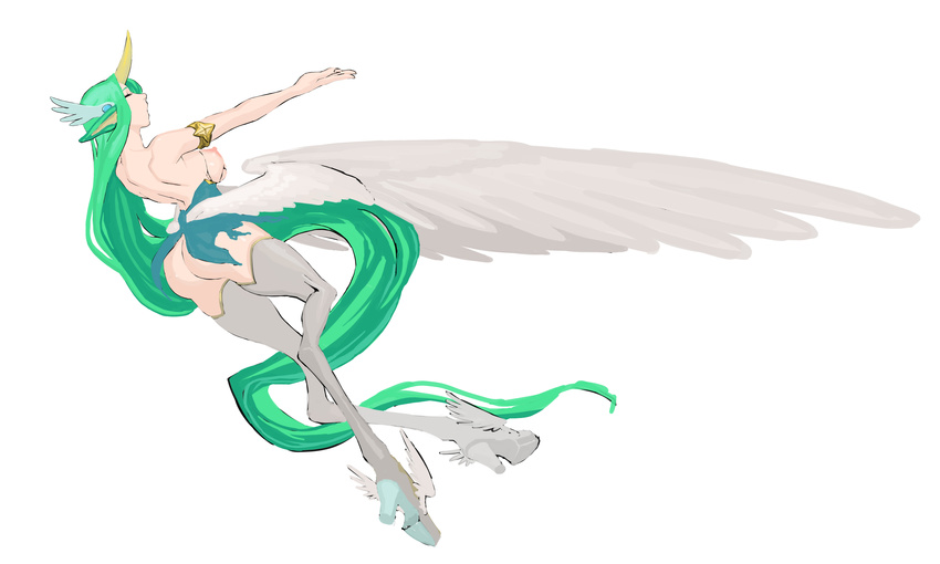 1girl alternate_costume armlet ass breasts dress eyes_closed green_eyes green_hair high_heel_boots horn large_breasts league_of_legends lipstick long_hair nipples short_dress solo soraka star_guardian_soraka thigh_boots very_long_hair white_boots wings