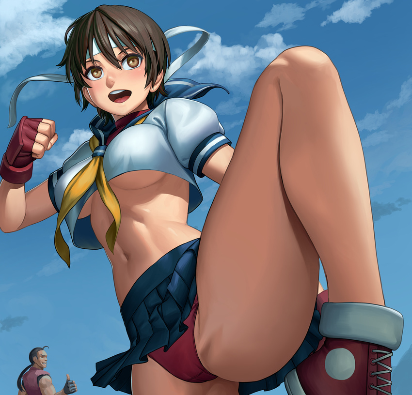 1girl arm_at_side ascot bare_legs black_hair blue_sailor_collar blue_skirt blue_sky breasts brown_eyes brown_hair clenched_hand cloud commentary crop_top crop_top_overhang cropped_shirt day fighting_stance fingerless_gloves gloves hand_up headband hibiki_dan highres kasugano_sakura lasterk leg_up legs long_hair long_legs looking_afar looking_at_another medium_breasts midriff navel no_bra open_mouth panties pantyshot pleated_skirt ponytail puffy_short_sleeves puffy_sleeves red_panties revision ribbon sailor_collar school_uniform serafuku shoes short_hair short_sleeves skirt sky smile sneakers solo_focus standing stomach street_fighter thighs thumbs_up toned underboob underwear upper_body yellow_ribbon