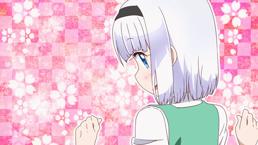 :d animated animated_gif bangs black_hairband black_ribbon blue_eyes blunt_bangs bouncing_hair bow bowtie clapping collared_shirt commentary dancing evandragon hair_ribbon hairband happy konpaku_youmu long_sleeves looking_at_viewer new_game! open_mouth parody pointing pointing_at_self ribbon shirt short_hair silver_hair smile solo touhou upper_body vest white_hair
