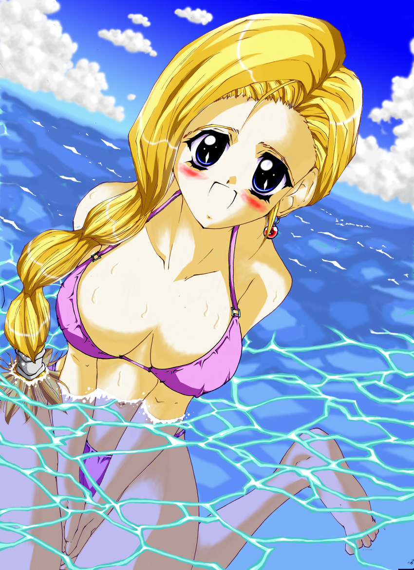 1girl absurdres barefoot bianca bikini blonde_hair blue_eyes blue_sky blush breasts collarbone dragon_quest dragon_quest_v earrings feet jewelry jun kneeling large_breasts long_hair looking_at_viewer navel ocean partially_submerged ponytail purple_bikini sky smile solo swimsuit toes water