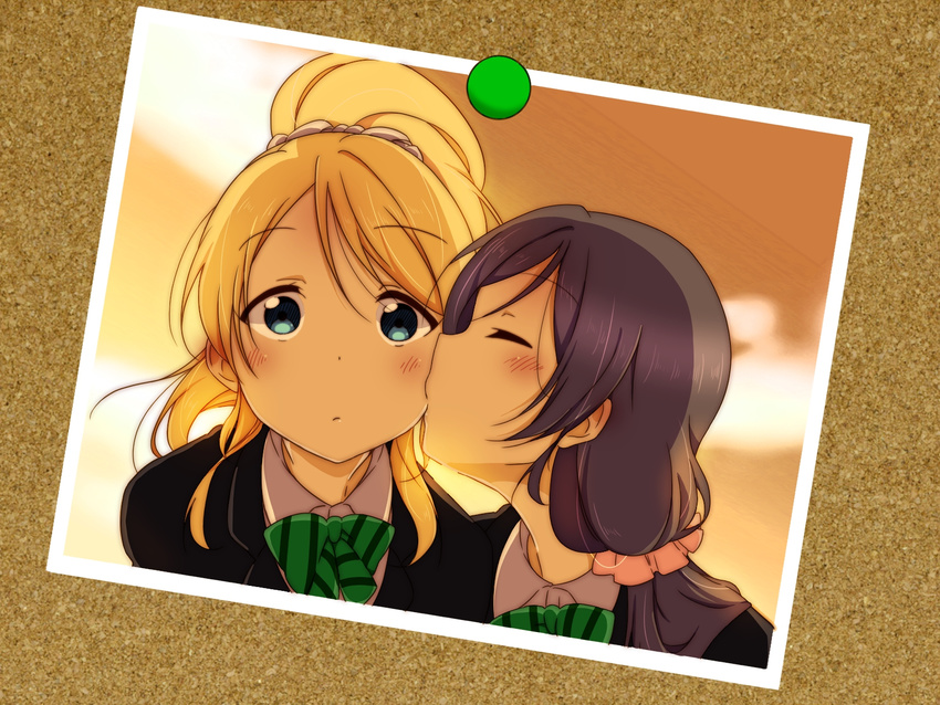 ayase_eli black_jacket blonde_hair blue_eyes bow bowtie cheek_kiss corkboard eyebrows_visible_through_hair green_bow green_neckwear hair_ornament hair_scrunchie high_ponytail highres jacket kiss kuro_neko_(artist) long_hair looking_at_viewer love_live! love_live!_school_idol_project multiple_girls photo_(object) pink_scrunchie purple_hair pushpin school_uniform scrunchie shirt striped striped_bow striped_neckwear toujou_nozomi upper_body white_scrunchie white_shirt yuri