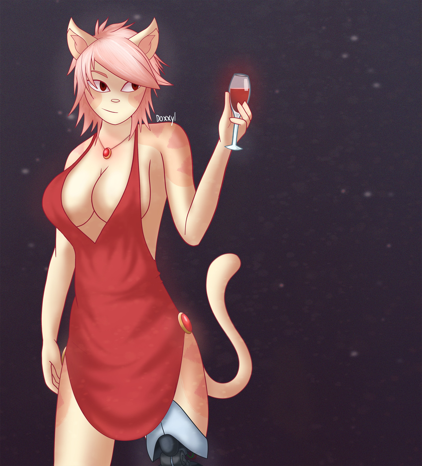 2017 alcohol amputee anthro beverage big_breasts breasts capri cat cleavage clothed clothing doxxyl dress feline female hair hi_res jewelry mammal pink_hair prosthetic red_eyes short_hair skimpy smile solo standing wine