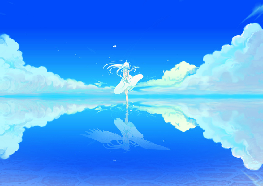 absurdres angel_wings backless_dress backless_outfit blue_sky cloud commentary_request day different_reflection dress floating_hair from_behind highres long_hair original outdoors reflection salar_de_uyuni scenery sky solo standing standing_on_liquid taro_(8787suzuki) water_surface white_dress wings
