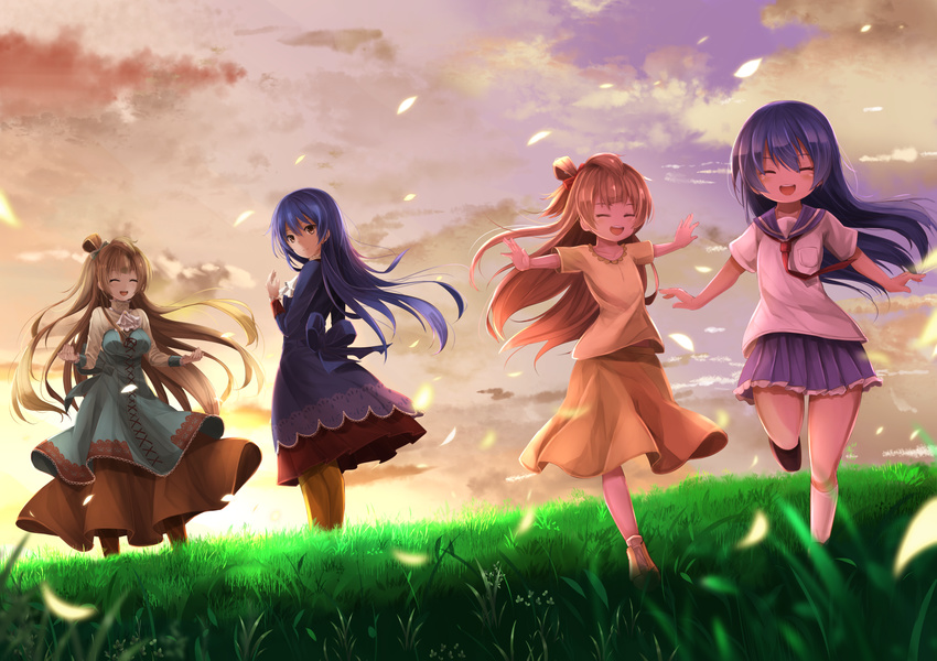 blue_hair blue_skirt bow brown_eyes brown_hair brown_pants brown_shirt brown_skirt closed_eyes day dress floating_hair grass hair_bow highres kneehighs leg_up long_dress long_hair looking_back love_live! love_live!_school_idol_project minami_kotori miniskirt multiple_girls neckerchief open_mouth orein outdoors outstretched_arms pants pantyhose pleated_skirt red_bow red_neckwear school_uniform serafuku shirt short_sleeves skirt smile sonoda_umi very_long_hair white_legwear white_shirt