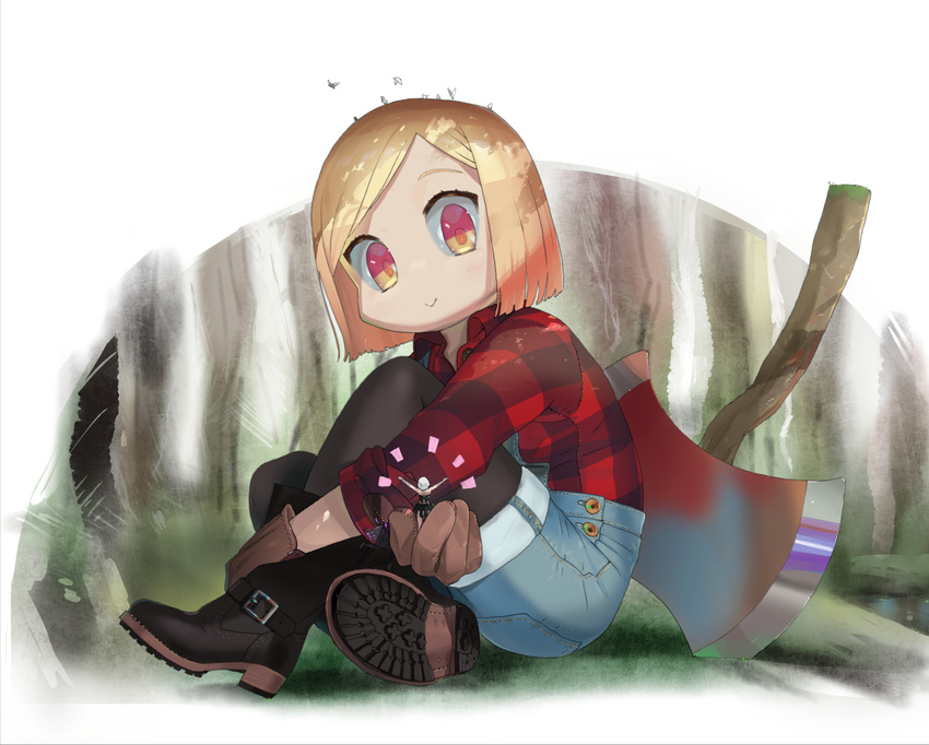 2girls \o/ arms_up axe bandaged_arm bandages bird black_legwear blonde_hair boots brown_footwear dress_shirt eyebrows_visible_through_hair fate/grand_order fate_(series) flannel forest full_body giantess gloves highres holding in_palm jack_the_ripper_(fate/apocrypha) leg_hug looking_at_another multiple_girls nature outdoors outstretched_arms overalls pantyhose paul_bunyan_(fate/grand_order) plaid plaid_shirt shirt short_hair sitting smile solo_focus weapon yellow_eyes