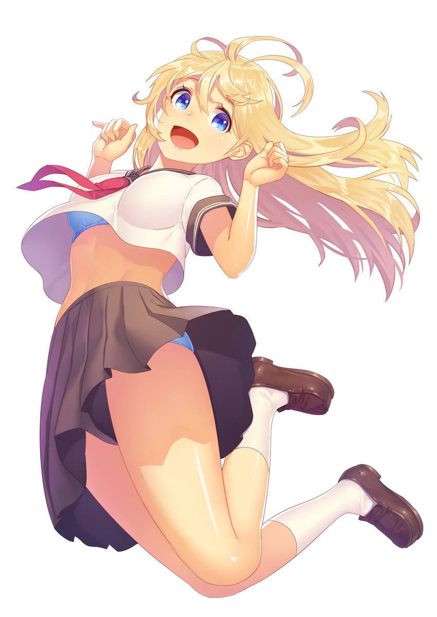 absurdres bangs black_skirt blonde_hair blue_bra blue_eyes blue_panties blush bra bra_peek commentary hair_between_eyes highres jumping kibanda_gohan loafers long_hair looking_at_viewer navel neckerchief open_mouth original panties pantyshot pantyshot_(jumping) pleated_skirt school_uniform serafuku shirt shoes short_sleeves simple_background skirt smile socks solo underwear white_background white_legwear