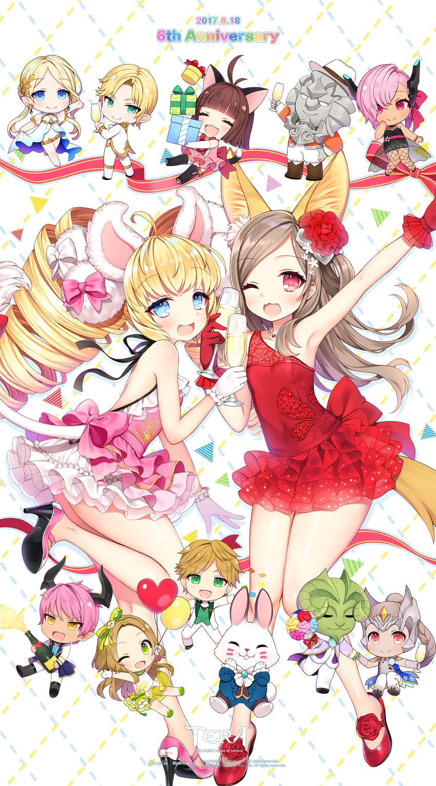 6+girls absurdres ahoge alcohol animal_ears anniversary arm_up armpits arms_up backless_dress backless_outfit balloon bare_back black_dress black_legwear blonde_hair blue_eyes bottle bouquet brown_eyes brown_hair bunny bunny_ears bunny_tail byulzzimon castanic_(tera) cat_ears cat_tail champagne champagne_bottle chibi closed_eyes coat copyright_name cup curly_hair dark_skin dog_ears dog_tail dress drill_hair drinking_glass earrings elbow_gloves elf elin_(tera) fang fishnet_pantyhose fishnets flower formal gift gloves green_eyes hair_flower hair_ornament hairband hand_on_hip hand_to_own_mouth hands_on_own_face hat high_heels highres holding_hands horns jewelry leg_lift legs lion_ears lion_tail long_hair multiple_boys multiple_girls necklace official_art one_eye_closed open_mouth outstretched_arms pants pantyhose pink_dress pink_footwear pink_hair pointy_ears popori red_dress red_eyes red_footwear ribbon shoes short_dress short_hair single_bare_shoulder sleeveless sleeveless_dress smile standing standing_on_one_leg strapless strapless_dress suit tail teeth tera_online thighhighs twintails wallpaper white_dress white_suit