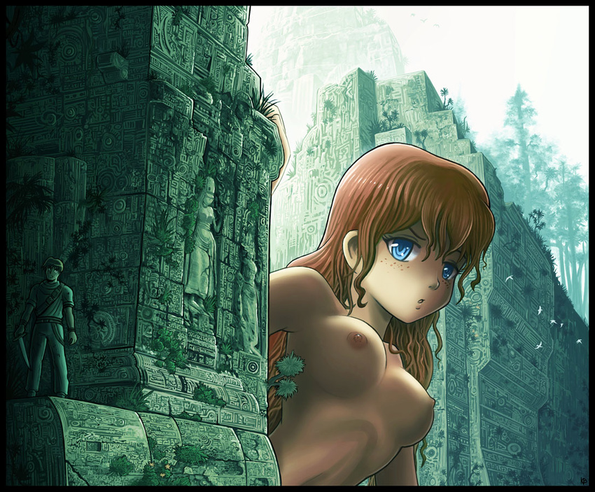 1girl annoyed bird black_border blue_eyes border breasts felarya freckles giantess hiding jissy karbo medium_breasts nude red_hair ruins shadow_of_the_colossus tree wander