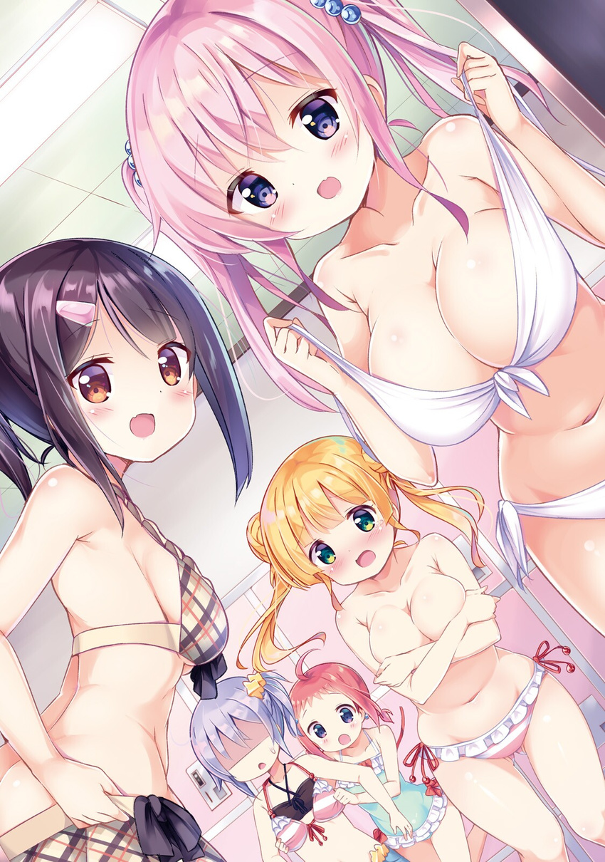 :d ahoge bandeau bare_shoulders beads bikini bikini_pull black_hair blonde_hair blush breast_conscious breasts brown_eyes casual_one-piece_swimsuit changing_room character_request collarbone covering covering_breasts criss-cross_halter crossed_arms double_bun dressing embarrassed eyebrows_visible_through_hair fang flat_chest frilled_swimsuit frills front-tie_bikini front-tie_top green_eyes hair_beads hair_ornament hairclip halterneck highres huge_breasts indoors jk_shousetsuka_poi kurou_(quadruple_zero) large_breasts long_hair looking_at_viewer medium_breasts multiple_girls non-web_source one-piece_swimsuit open_mouth pink_hair plaid plaid_bikini purple_eyes purple_hair shaded_face short_hair short_sidetail side-tie_bikini smile star star_hair_ornament sweatdrop swimsuit topless twintails white_bikini