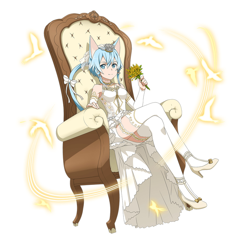 animal_ears blue_eyes blue_hair bouquet bow breasts bridal_veil cat_ears cat_tail chair collarbone crossed_legs dress flower full_body hair_bow hair_ribbon high_heels highres holding holding_bouquet looking_at_viewer medium_breasts ribbon short_dress short_hair_with_long_locks sidelocks sinon sinon_(sao-alo) sitting sleeveless sleeveless_dress smile solo sword_art_online tail tail_bow thighhighs transparent_background veil white_bow white_dress white_legwear white_ribbon yellow_flower