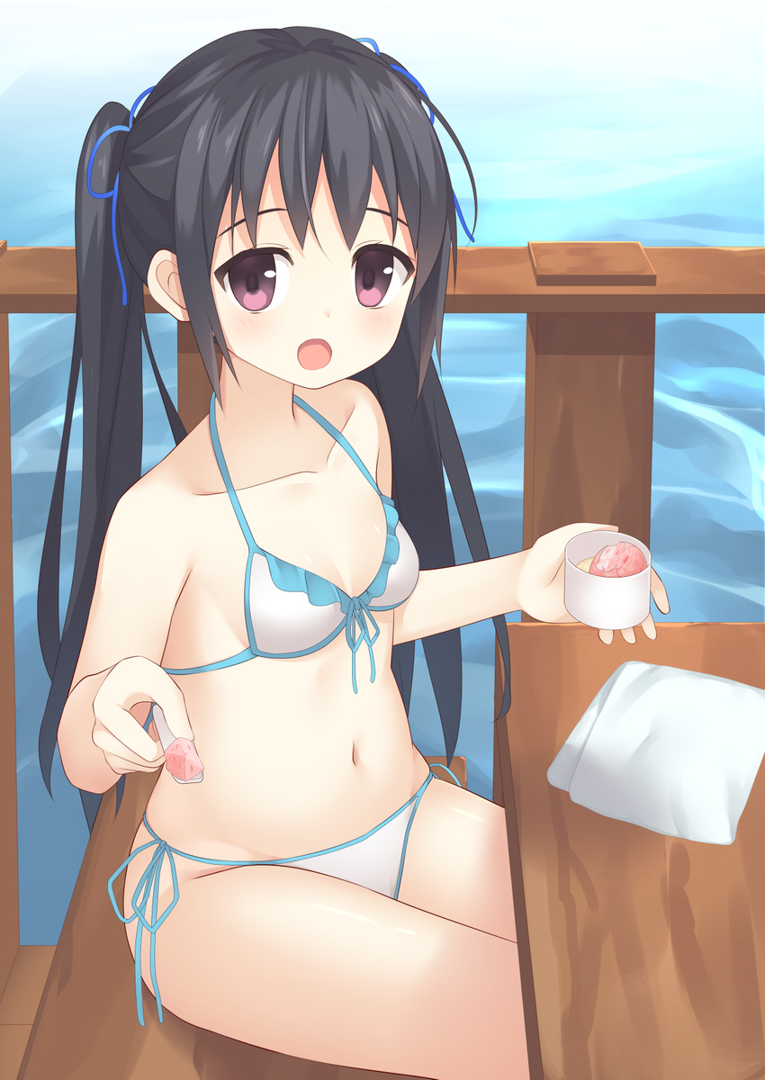 :d bangs bare_arms bare_shoulders bench bikini black_hair blue_ribbon blush breasts cleavage collarbone day double_scoop eyebrows_visible_through_hair feeding food front-tie_bikini front-tie_top hair_ribbon halter_top halterneck highres holding holding_spoon ice_cream ice_cream_cup ice_cream_spoon long_hair looking_at_viewer napkin navel ocean open_mouth original outdoors pink_eyes pov_feeding railing ribbon side-tie_bikini sidelocks sitting small_breasts smile solo spoon swimsuit table tareme twintails usagino_suzu white_bikini wooden_table
