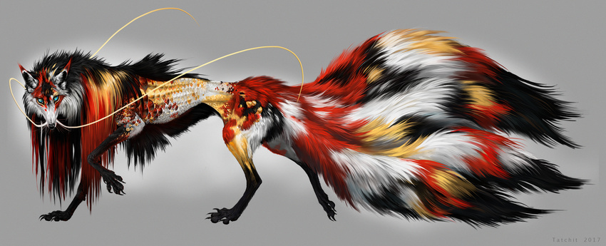 ambiguous_gender black_hair black_nose blue_eyes canine feral fish grey_background hair hybrid koi mammal marine multi_tail scales simple_background solo standing tatchit