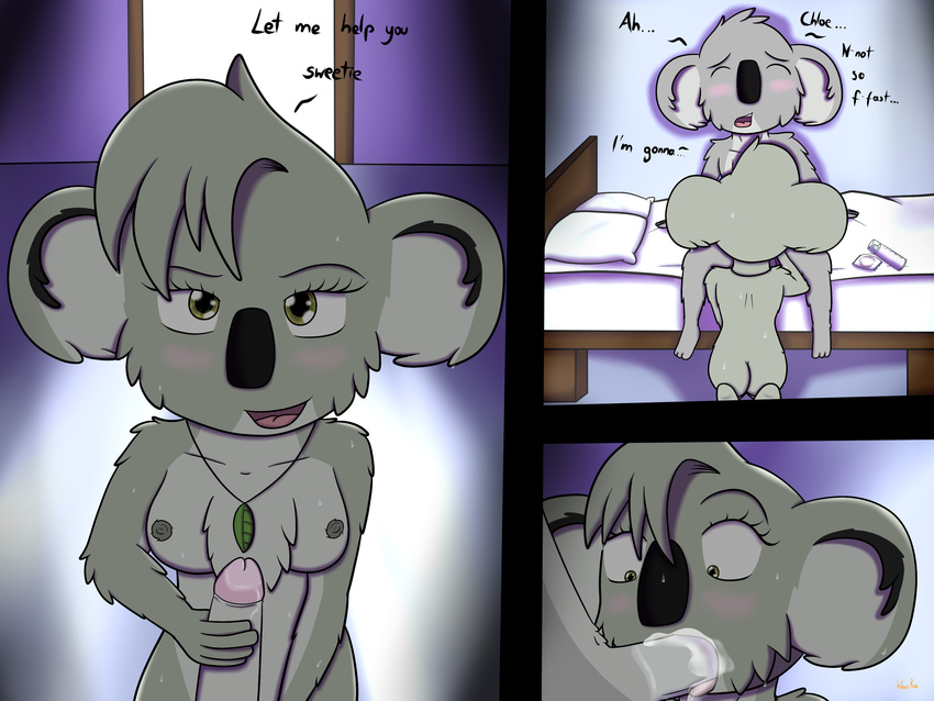 2017 anthro balls blush breasts buster_moon butt chloe_white comic dialogue digital_media_(artwork) english_text fan_character female fur jewelry koala male male/female mammal marsupial necklace nipples nude open_mouth penis sing_(movie) smile text tongue waver-ring