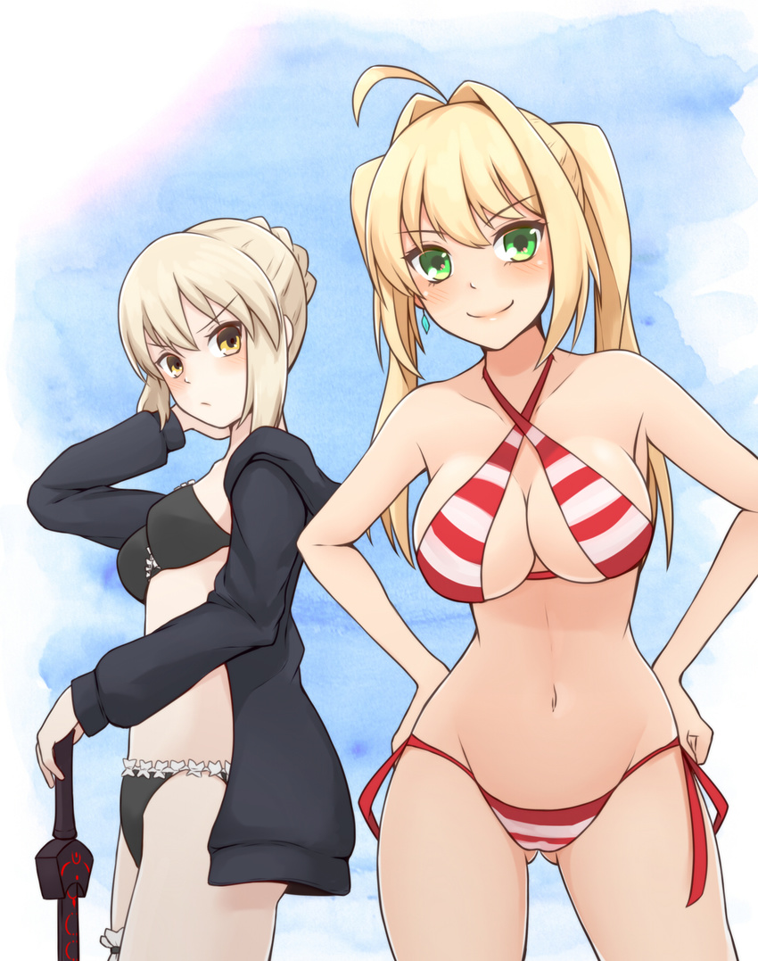 ahoge artoria_pendragon_(all) artoria_pendragon_(swimsuit_rider_alter) ass_visible_through_thighs bikini black_bikini black_jacket blonde_hair blush braid breasts cowboy_shot criss-cross_halter dark_excalibur earrings fate/grand_order fate_(series) frills frown green_eyes hair_intakes hakutakuanta halterneck hands_on_hips highres hood hooded_jacket jacket jewelry large_breasts long_hair looking_at_viewer maid_bikini maid_headdress multiple_girls navel nero_claudius_(fate)_(all) nero_claudius_(swimsuit_caster)_(fate) open_clothes open_jacket saber_alter short_hair side-tie_bikini smile striped striped_bikini swimsuit twintails yellow_eyes