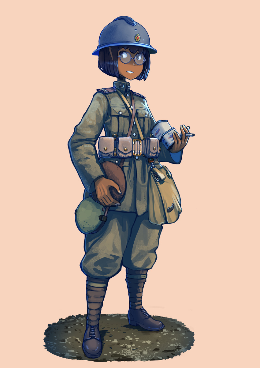 adrian_helmet bag black_hair canteen commentary dark_skin erica_(naze1940) glasses helmet highres looking_at_viewer military military_uniform original rations round_eyewear satchel soldier solo standing tan_background thailand uniform world_war_i