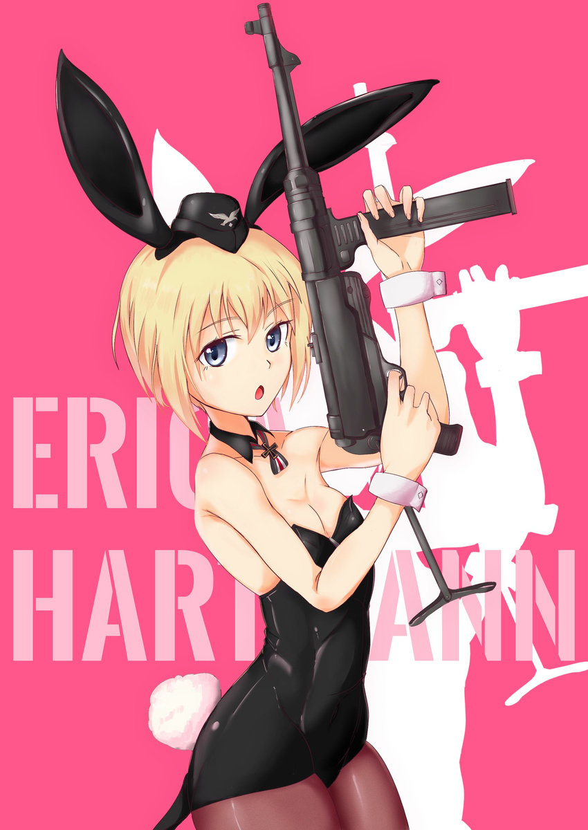 absurdres animal_ears artist_request black_legwear blonde_hair blue_eyes blush breasts bunny_ears bunnysuit cleavage collarbone erica_hartmann finger_on_trigger gun hat highres looking_at_viewer military_hat mp40 open_mouth pantyhose small_breasts solo strike_witches submachine_gun weapon world_witches_series