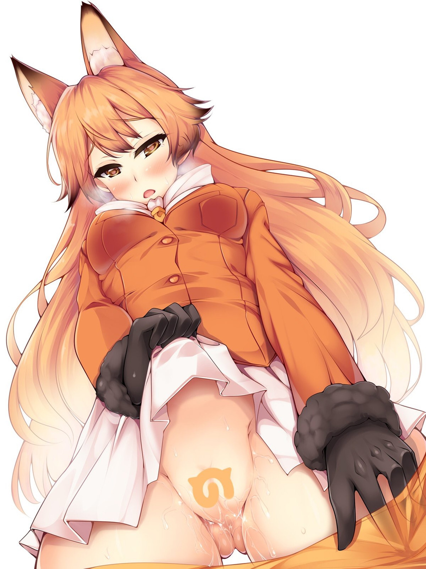 animal_ears ass_visible_through_thighs black_gloves blazer blonde_hair breasts brown_eyes brown_hair censored d: eyebrows_visible_through_hair ezo_red_fox_(kemono_friends) fox_ears from_below fur_trim gloves heart heart-shaped_pupils heavy_breathing highres jacket japari_symbol kemono_friends long_hair looking_down medium_breasts multicolored_hair nksk novelty_censor open_mouth pantyhose pantyhose_pull pleated_skirt pussy pussy_juice skirt skirt_lift solo sweat symbol-shaped_pupils very_long_hair white_background white_skirt