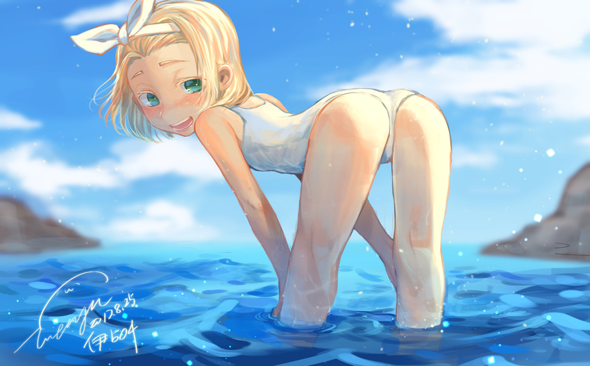 amy7996659 ass bent_over blonde_hair character_name from_behind green_eyes hairband hands_on_own_knees highres i-504_(kantai_collection) kantai_collection looking_back luigi_torelli_(kantai_collection) one-piece_swimsuit open_mouth school_swimsuit short_hair signature solo standing swimsuit wading water white_hairband white_school_swimsuit white_swimsuit