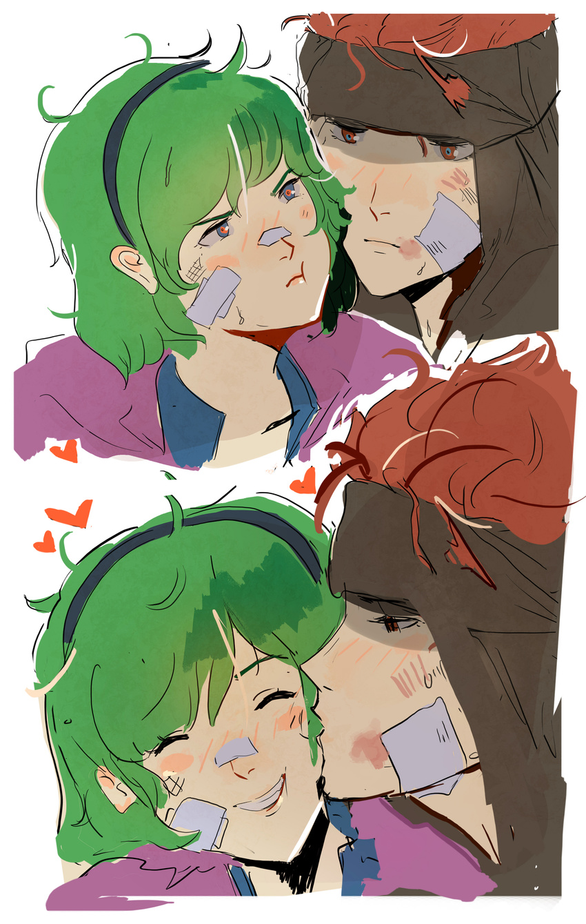 1girl absurdres bandages blood cape cheek_kiss couple fire_emblem fire_emblem:_rekka_no_ken green_hair hairband hetero highres jaffar_(fire_emblem) kiss nino_(fire_emblem) open_mouth ormille red_eyes red_hair short_hair smile tattoo