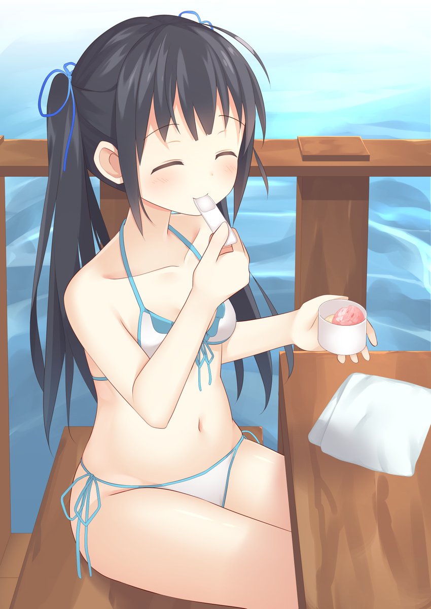 bangs bare_arms bare_shoulders bench bikini black_hair blue_ribbon blush breasts closed_eyes collarbone day double_scoop eyebrows_visible_through_hair food front-tie_bikini front-tie_top hair_ribbon halter_top halterneck highres holding holding_spoon ice_cream ice_cream_cup ice_cream_spoon long_hair napkin navel ocean original outdoors railing ribbon side-tie_bikini sidelocks sitting small_breasts smile solo spoon swimsuit table tareme twintails usagino_suzu white_bikini wooden_table