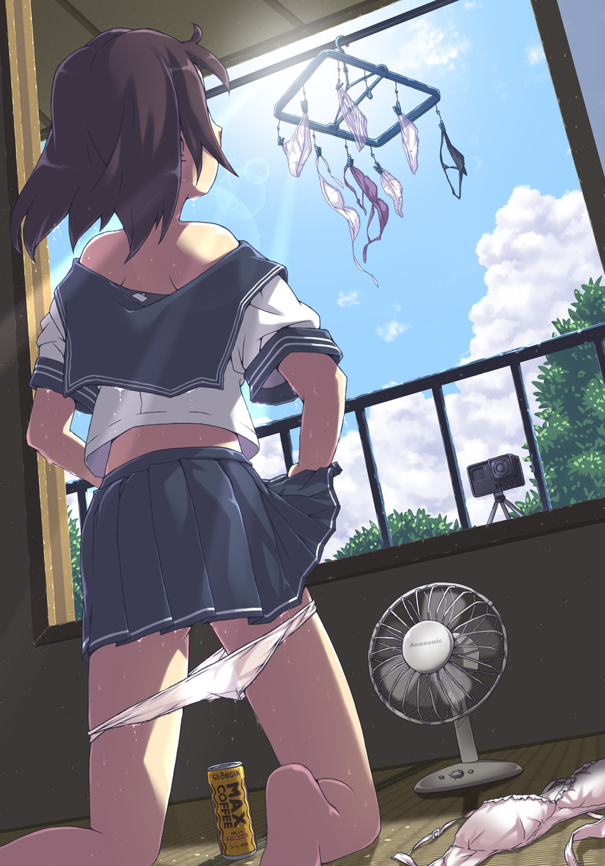 action_camera aki_(akisora_hiyori) bare_shoulders barefoot black_panties blue_sky bra bra_removed brand_name_imitation brown_hair camera can canned_coffee clothesline cloud coffee commentary_request day electric_fan fanning_crotch fence from_behind georgia_max_coffee highres hot indoors kneeling lens_flare lifted_by_self off_shoulder original panties panties_removed panty_pull pleated_skirt polka_dot polka_dot_panties product_placement purple_bra school_uniform serafuku shirt short_hair short_sleeves skirt skirt_lift sky solo striped striped_panties sunlight sweat tatami underwear wet wet_clothes wet_panties white_bra white_panties