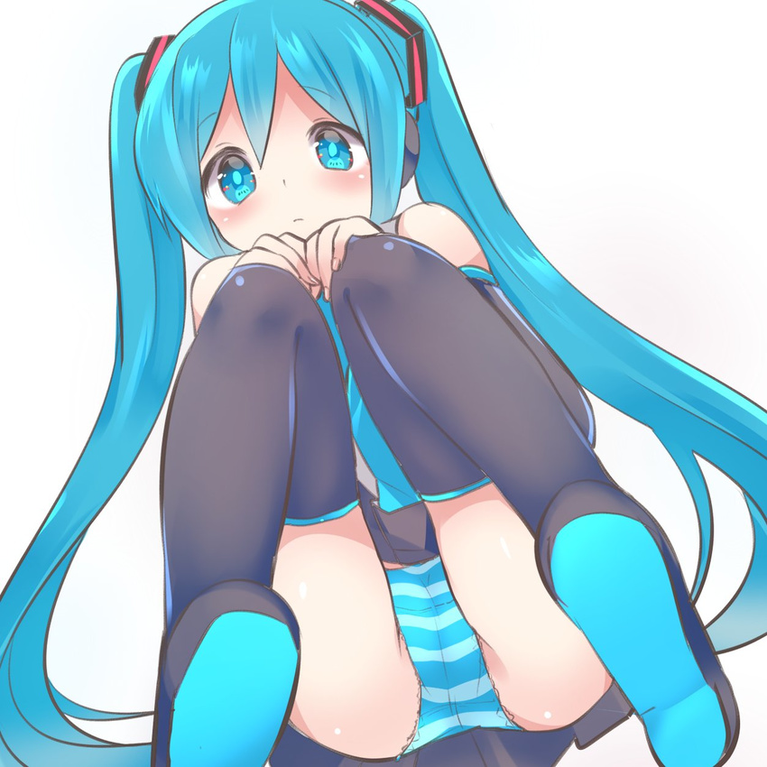 bangs black_legwear black_skirt blue_eyes blue_hair blush closed_mouth detached_sleeves eyebrows_visible_through_hair from_below hands_on_own_knees hatsune_miku highres long_hair looking_at_viewer ochazuke own_hands_together panties pleated_skirt shoes simple_background skirt solo squatting striped striped_panties thighhighs twintails underwear very_long_hair vocaloid white_background