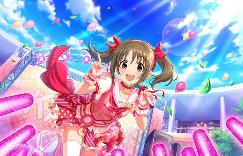 artist_request balloon bangs blue_sky blush bow brown_eyes brown_hair choker day hair_bow holding holding_microphone idol idolmaster idolmaster_cinderella_girls idolmaster_cinderella_girls_starlight_stage imai_kana leaf looking_at_viewer microphone music official_art open_mouth outdoors pink_skirt polka_dot puffy_short_sleeves puffy_sleeves sailor_collar short_sleeves singing skirt sky smile solo stage striped thighhighs tree twintails white_legwear wrist_cuffs