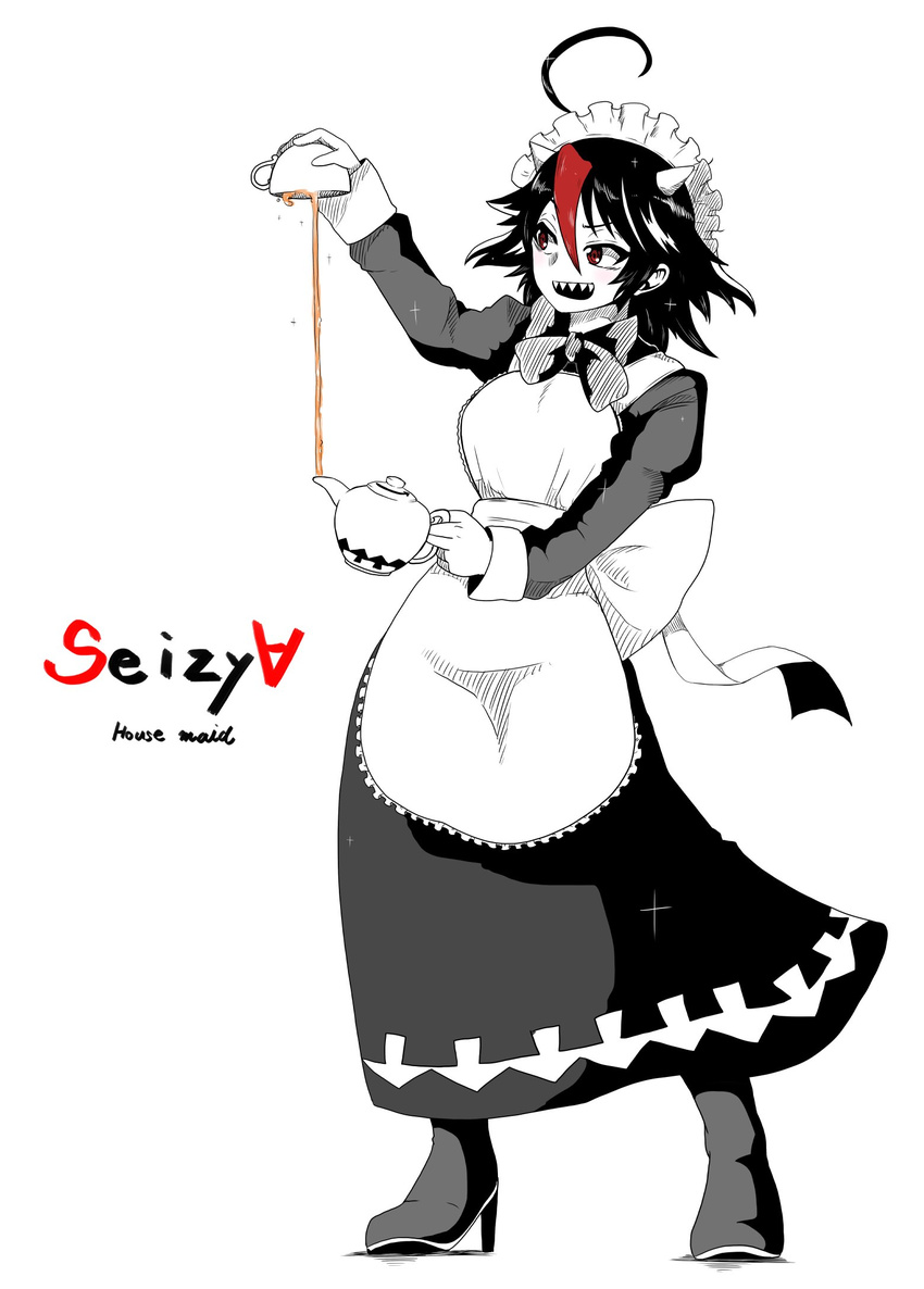 ahoge alternate_costume apron arm_up bangs boots bow bowtie commentary_request cup decantering directional_arrow enmaided eyebrows_visible_through_hair full_body hair_between_eyes high_heels highres himajin_noizu holding horns juliet_sleeves kijin_seija long_sleeves looking_at_viewer maid maid_headdress open_mouth pouring puffy_sleeves red_eyes sharp_teeth short_hair simple_background solo sparkle spot_color standing tea teacup teapot teeth touhou white_background