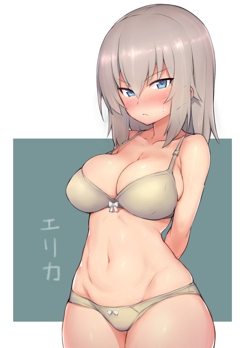 &gt;:( absurdres arms_behind_back blue_eyes bow bow_panties bra breasts character_name cleavage collarbone cowboy_shot eyebrows_visible_through_hair frown girls_und_panzer grey_bra grey_hair grey_panties highres itsumi_erika large_breasts looking_at_viewer navel panties simple_background skindentation solo sweatdrop try underwear underwear_only v-shaped_eyebrows
