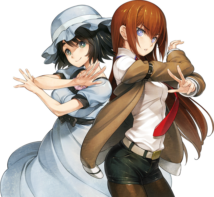 2girls belt black_hair blue_eyes brown_hair dress dress_shirt hat huke jacket legwear_under_shorts long_hair makise_kurisu multiple_girls necktie pantyhose pantyhose_under_shorts shiina_mayuri short_shorts shorts skindentation steins;gate