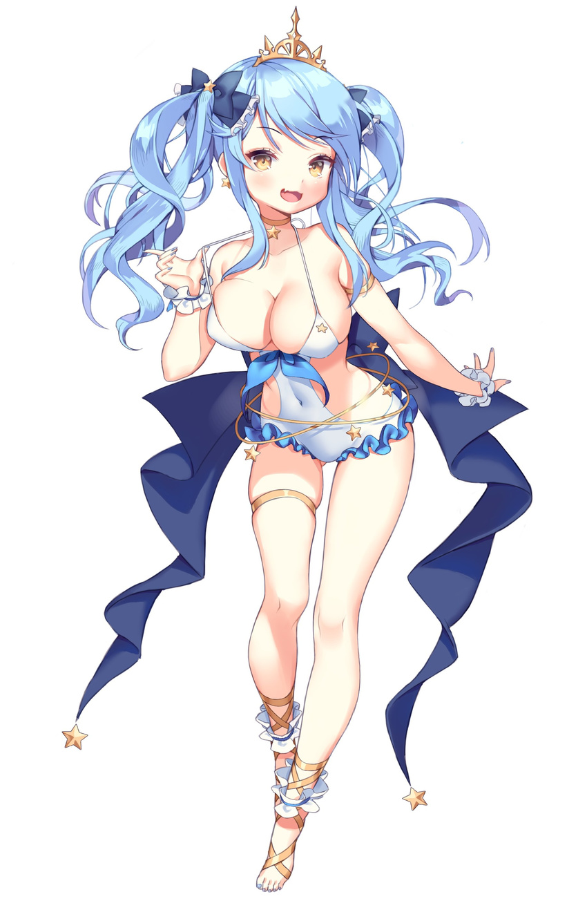 :3 :d absurdres ankle_cuffs ankle_lace-up armlet barefoot blue_hair bow breasts character_request choker cleavage covered_navel cross-laced_footwear fang frill_trim frilled_swimsuit frills full_body gimt hair_bow halterneck highres large_breasts long_hair looking_at_viewer nail_polish one-piece_swimsuit open_mouth original simple_background smile solo strap_lift swimsuit tiara toeless_legwear toenail_polish twintails white_background wrist_cuffs yellow_eyes