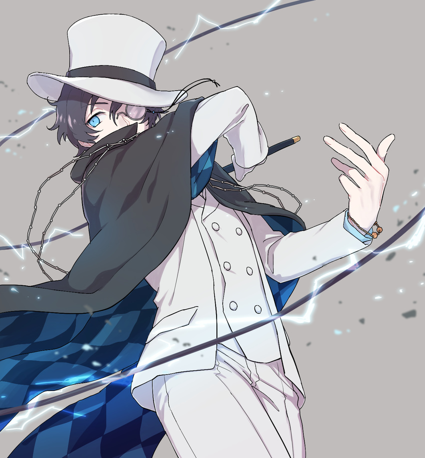 black_cape black_hair blue_cape blue_eyes bracelet bungou_to_alchemist cape checkered_cape edogawa_ranpo_(bungou_to_alchemist) grey_background grey_hair grey_pants grey_suit hat highres jewelry male_focus monocle pants top_hat whip yadosumi