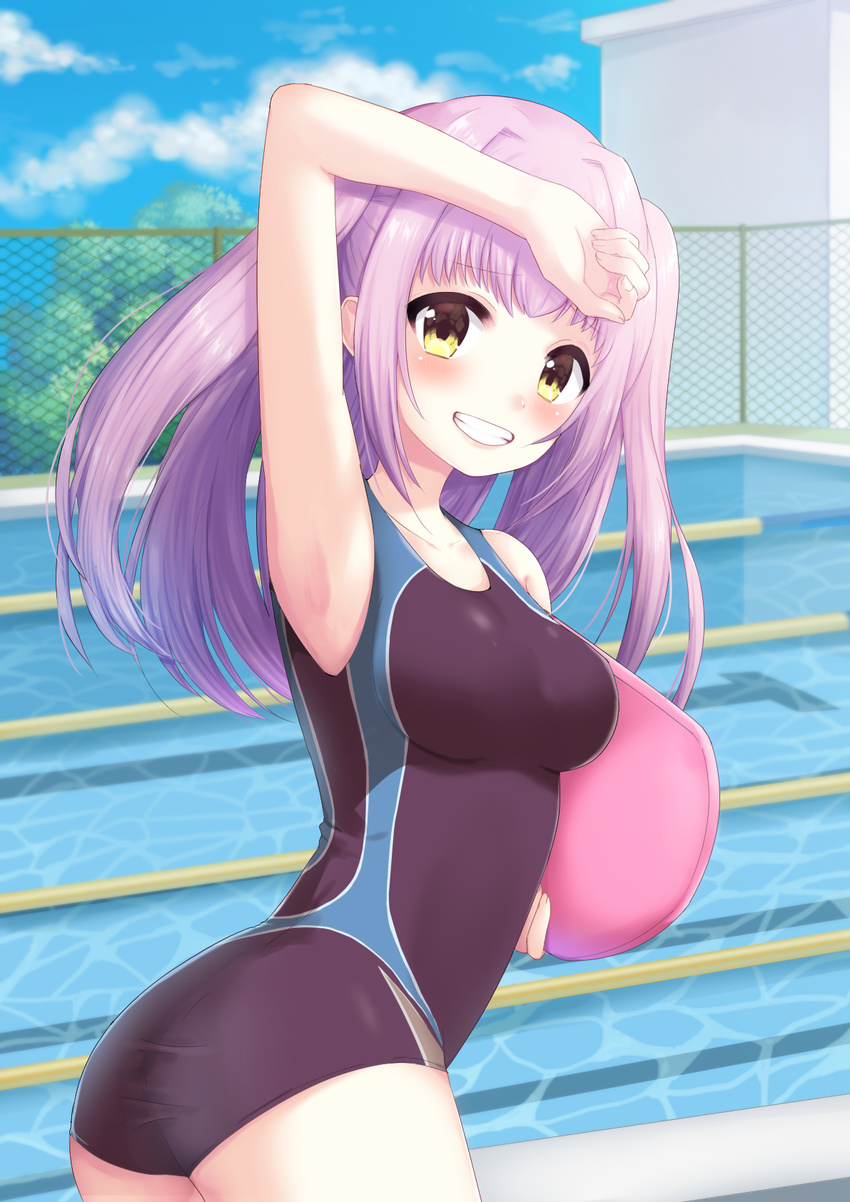 arm_on_head arm_up armpits ass bangs black_swimsuit blush breasts building caustics chain-link_fence clenched_hand cloud collarbone competition_swimsuit cowboy_shot day embarrassed eyebrows_visible_through_hair fence from_side grin hair_intakes highres holding kakino_nashiko kickboard lane_line lavender_hair leaning_forward long_hair looking_at_viewer looking_back medium_breasts moe2017 one-piece_swimsuit original outdoors pool poolside raised_eyebrows sidelocks sky smile solo standing swimsuit taut_clothes taut_swimsuit tree two_side_up water yellow_eyes