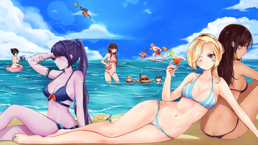 5girls abs alternate_costume arm_support arm_tattoo armor ball barefoot beach beachball beard bikini black_hair blonde_hair blue_bikini blue_eyes blue_sky breasts brown_eyes brown_hair butt_crack chu_(huaha1320) cleavage clenched_hand cloud cloudy_sky cocktail_glass collarbone cote_d'azur_widowmaker cowboy_hat cup cyborg d.va_(overwatch) dark_skin dark_skinned_male day doomfist_(overwatch) drinking_glass drone eye_of_horus facepaint facial_hair facial_mark front-tie_bikini front-tie_top full_body genji_(overwatch) hair_bun hair_tie hair_tubes hand_in_hair hat helmet high_ponytail highres holding holding_cup innertube junkrat_(overwatch) lifeguard_mccree lime_slice long_hair looking_at_viewer lying male_swimwear mask mccree_(overwatch) mechanical_arm medium_breasts mei_(overwatch) mercy_(overwatch) multiple_boys multiple_girls muscle nail_polish navel no_headwear no_wings nose ocean on_side one_eye_closed outdoors overwatch partially_submerged pharah_(overwatch) pink_bikini ponytail power_fist profile purple_bikini purple_hair purple_skin reaper_(overwatch) reinhardt_(overwatch) robot short_hair sideways_glance sitting sky snorkel snowball_(overwatch) soldier:_76_(overwatch) striped sunglasses swim_trunks swimming swimsuit swimwear tattoo thigh_gap toenail_polish torbjorn_(overwatch) vertical-striped_bikini vertical_stripes wading wallpaper water whisker_markings white_hair widowmaker_(overwatch) yellow_eyes