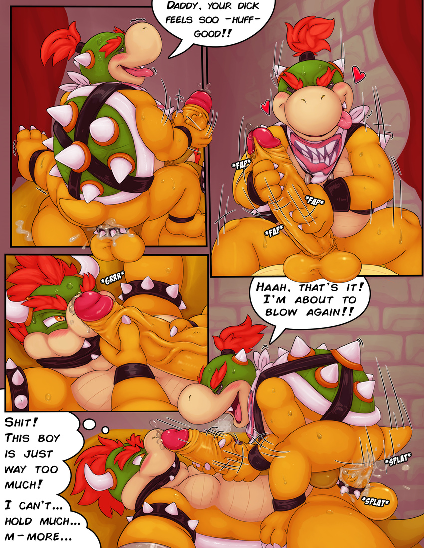 absurd_res anal anal_penetration balls bowser bowser_jr. comic duo father father_and_son hi_res humanoid_penis incest koopa long_penis male male/male mario_bros masturbation nintendo parent penetration penis puggy scalie sex son video_games