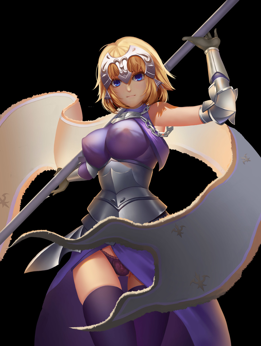 :| absurdres arm_up armor armored_dress banner black_background black_gloves black_pants blonde_hair blue_eyes blue_legwear bracer breasts chain closed_mouth covered_nipples fate/apocrypha fate_(series) from_below gloves helmet highres holding holding_weapon jeanne_d'arc_(fate) jeanne_d'arc_(fate)_(all) lace lace_panties large_breasts looking_at_viewer panties pants ryuubou see-through short_hair simple_background solo standing thighhighs underwear weapon