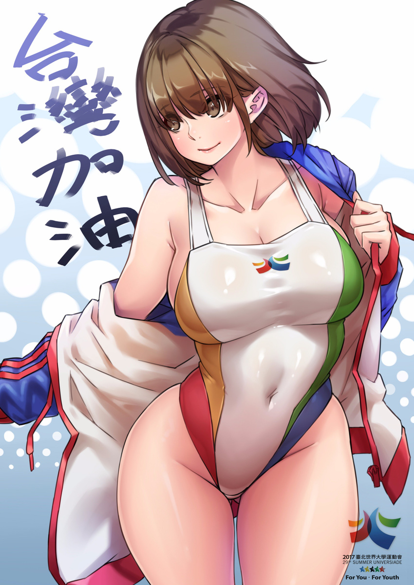absurdres ass_visible_through_thighs bangs breasts brown_eyes brown_hair cleavage collarbone covered_navel cowboy_shot eyebrows_visible_through_hair highleg highleg_swimsuit highres hood hooded_jacket hoodie huge_breasts jacket looking_away medium_hair multicolored multicolored_clothes multicolored_swimsuit off_shoulder one-piece_swimsuit open_clothes open_hoodie open_jacket original outstretched_arm sleeves_past_wrists solo swimsuit thighs yin-ting_tian
